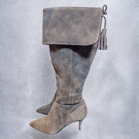 Lord & Taylor 424 Fifth Gray Suede Foldover Knee High Heeled Boots Size 6 - Picture 5 of 8